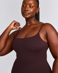 SoftMotion™ Strappy Tank Top with Built in Bra Shelf with Gray Logo | Plum Brown