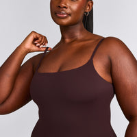 SoftMotion™ Strappy Tank Top with Built in Bra Shelf with Gray Logo | Plum Brown