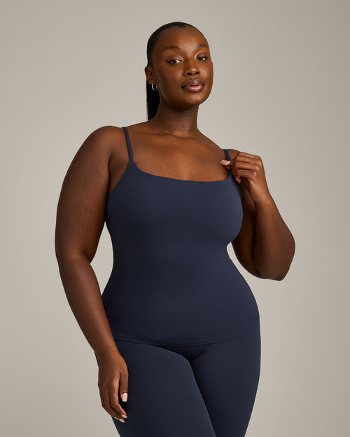 SoftMotion™ Strappy Tank Top with Built in Bra Shelf with Gray Logo | True Blue