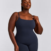 SoftMotion™ Strappy Tank Top with Built in Bra Shelf with Gray Logo | True Blue