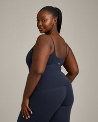 SoftMotion™ Strappy Tank Top with Built in Bra Shelf with Gray Logo | True Blue