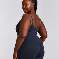 SoftMotion™ Strappy Tank Top with Built in Bra Shelf with Gray Logo | True Blue