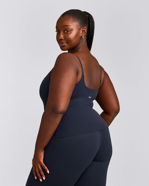SoftMotion™ Strappy Tank Top with Built in Bra Shelf with Gray Logo | True Blue