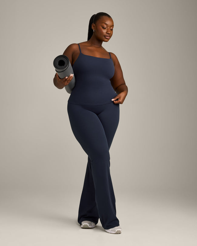 SoftMotion™ Strappy Tank Top with Built in Bra Shelf with Gray Logo | True Blue
