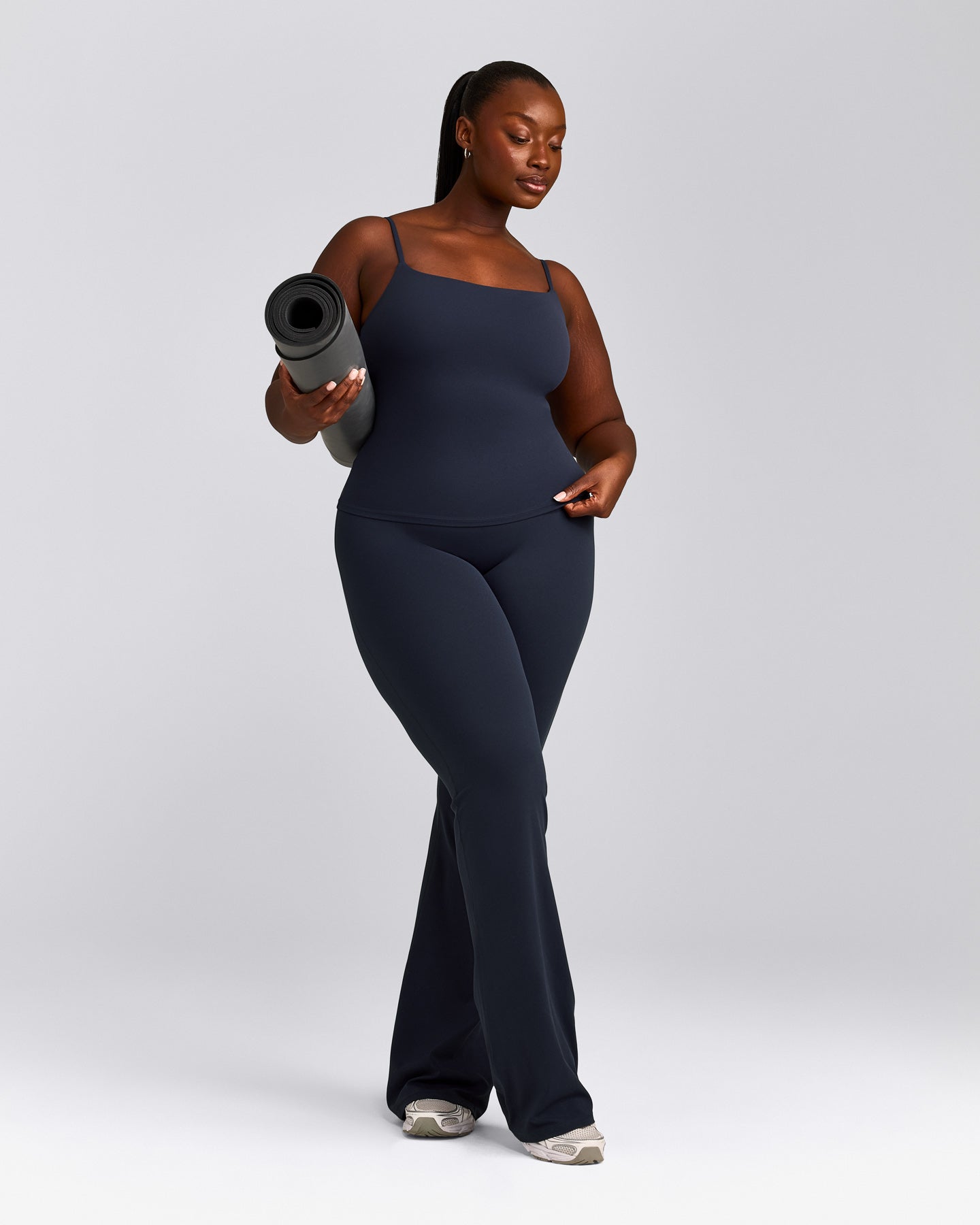 SoftMotion™ Strappy Tank Top with Built in Bra Shelf with Gray Logo | True Blue