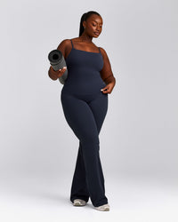 SoftMotion™ Strappy Tank Top with Built in Bra Shelf with Gray Logo | True Blue
