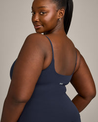 SoftMotion™ Strappy Tank Top with Built in Bra Shelf with Gray Logo | True Blue
