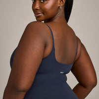 SoftMotion™ Strappy Tank Top with Built in Bra Shelf with Gray Logo | True Blue