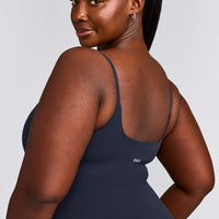 SoftMotion™ Strappy Tank Top with Built in Bra Shelf with Gray Logo | True Blue