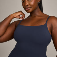 SoftMotion™ Strappy Tank Top with Built in Bra Shelf with Gray Logo | True Blue