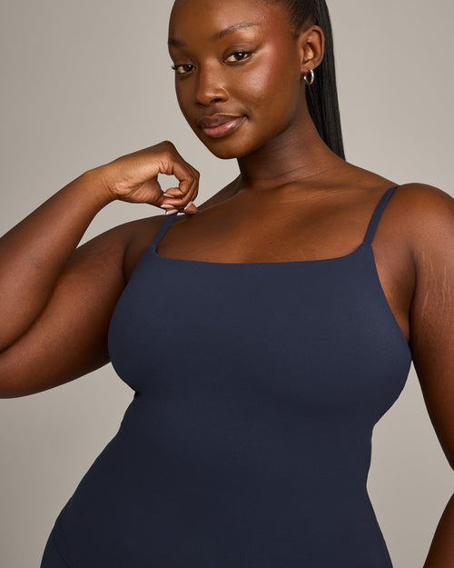 SoftMotion™ Strappy Tank Top with Built in Bra Shelf with Gray Logo | True Blue