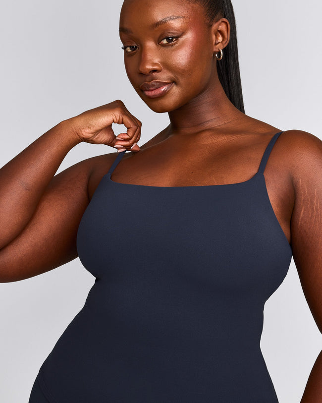 SoftMotion™ Strappy Tank Top with Built in Bra Shelf with Gray Logo | True Blue