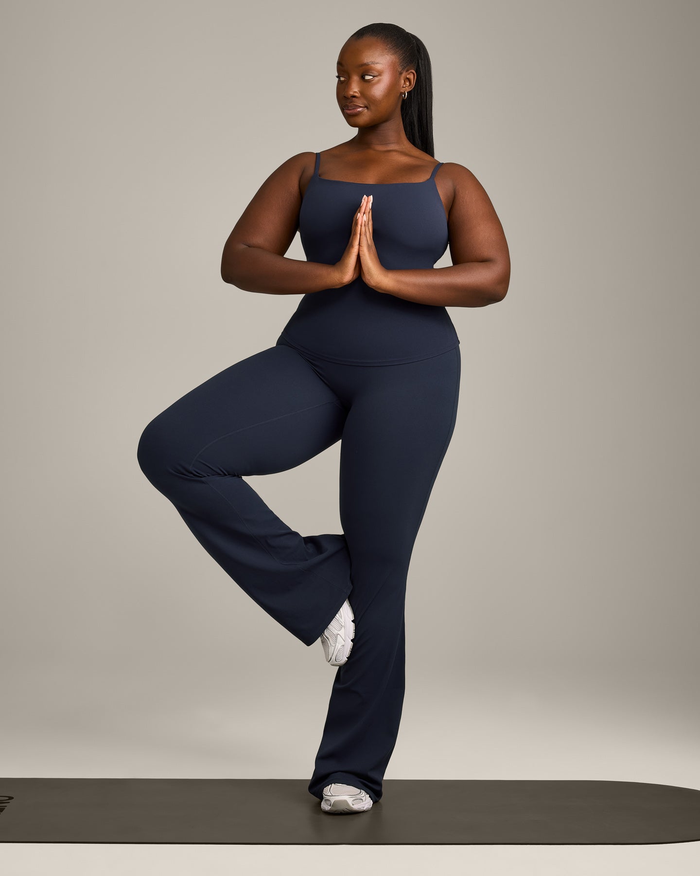 SoftMotion™ Strappy Tank Top with Built in Bra Shelf with Gray Logo | True Blue