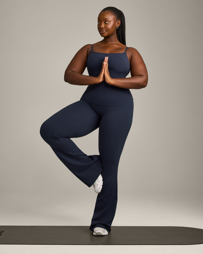 SoftMotion™ Strappy Tank Top with Built in Bra Shelf with Gray Logo | True Blue