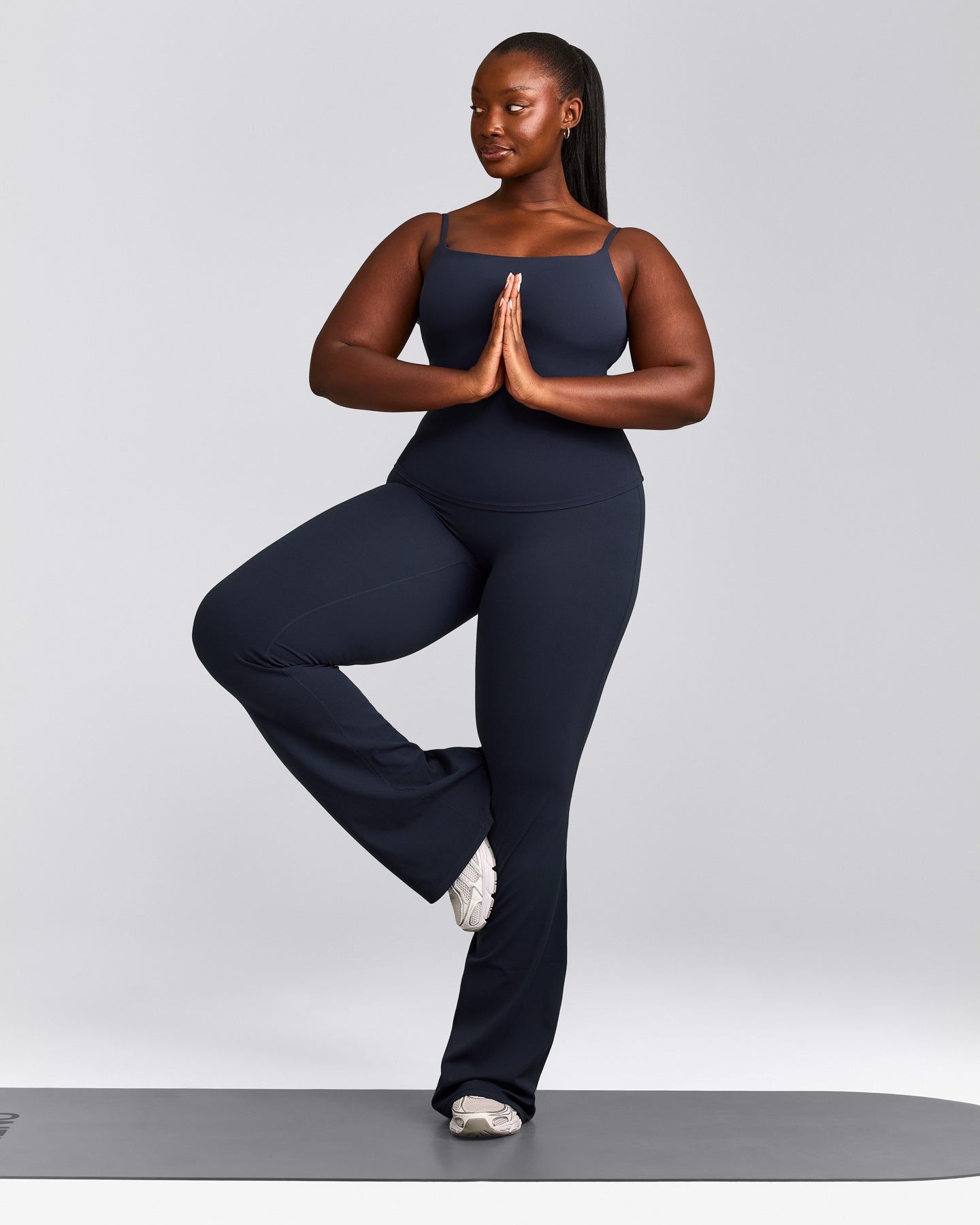 SoftMotion™ Strappy Tank Top with Built in Bra Shelf with Gray Logo | True Blue
