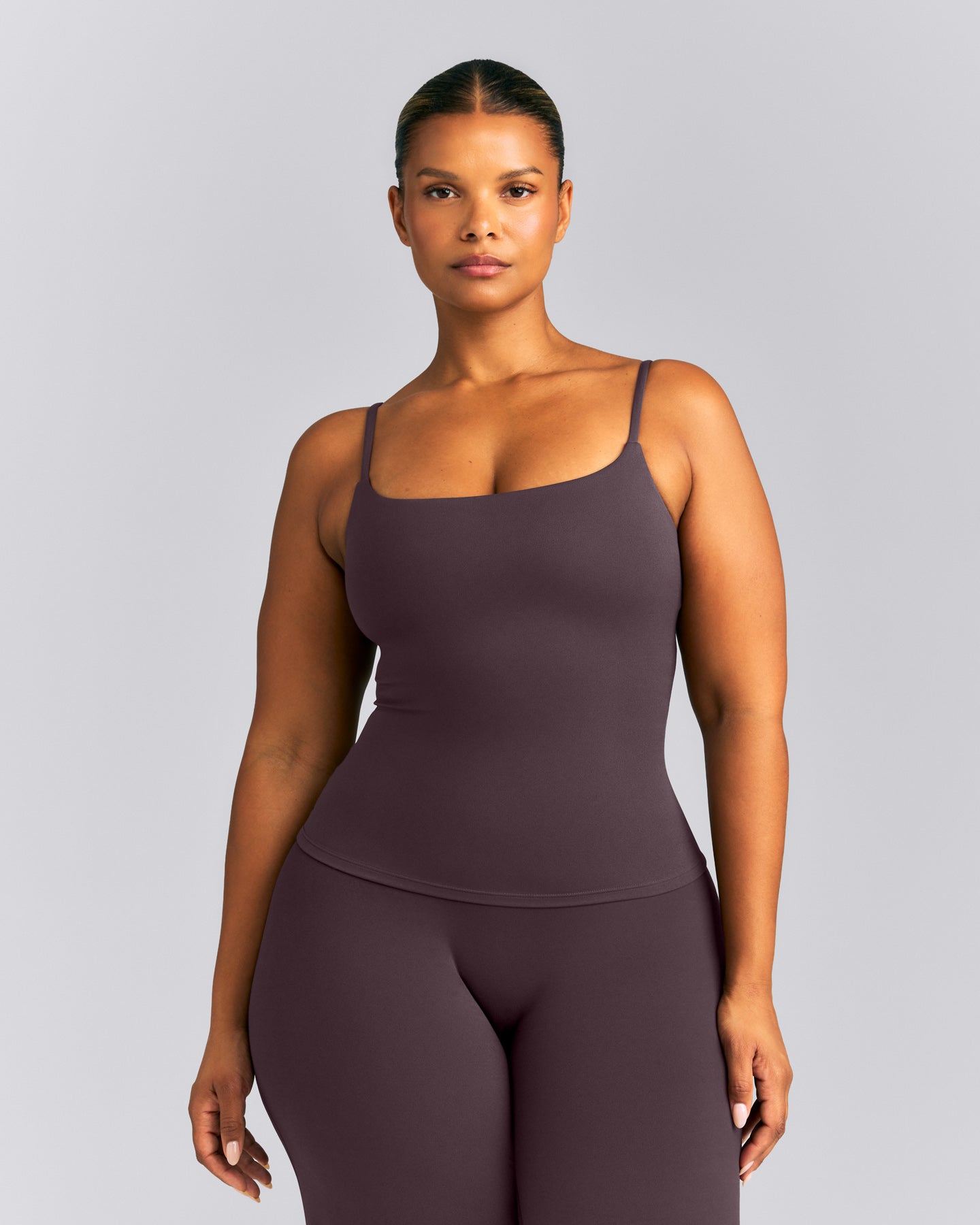 SoftMotion™ Strappy Tank Top with Built in Bra Shelf | Dark Umber Brown