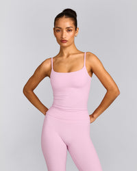 SoftMotion™ Strappy Tank Top with Built in Bra Shelf with Gray Logo | Chalk Pink
