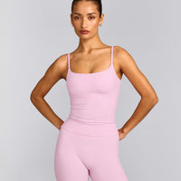 SoftMotion™ Strappy Tank Top with Built in Bra Shelf with Gray Logo | Chalk Pink