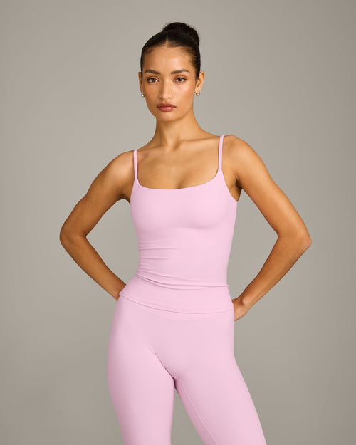 SoftMotion™ Strappy Tank Top with Built in Bra Shelf with Gray Logo | Chalk Pink