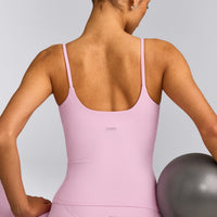 SoftMotion™ Strappy Tank Top with Built in Bra Shelf with Gray Logo | Chalk Pink