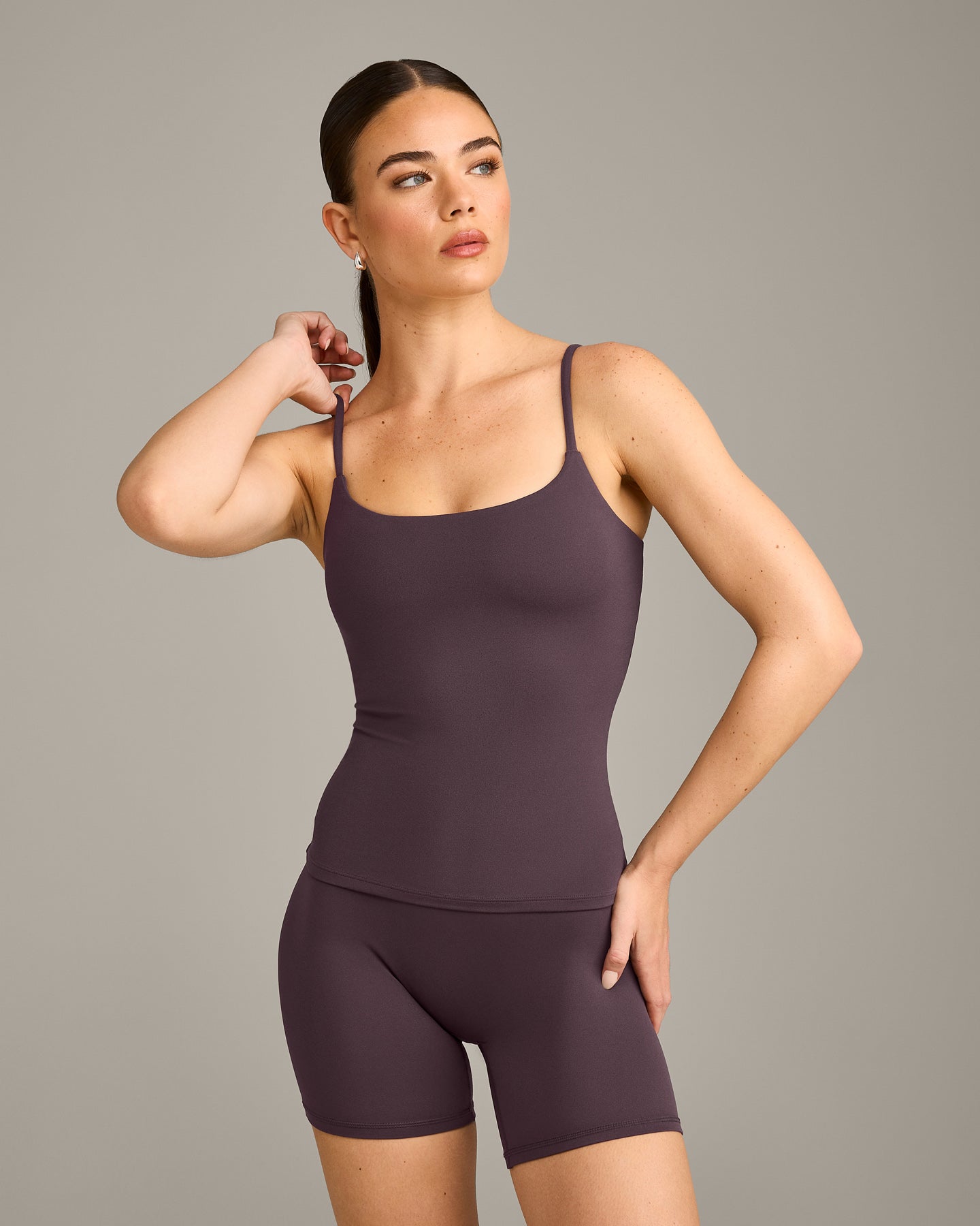 SoftMotion™ Strappy Vest with Built in Bra Shelf with Gray Logo | Dark Umber Brown