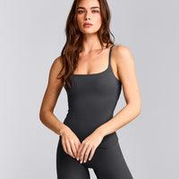 SoftMotion™ Strappy Tank Top with Built in Bra Shelf with Gray Logo | Coal