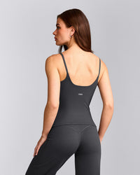 SoftMotion™ Strappy Tank Top with Built in Bra Shelf with Gray Logo | Coal