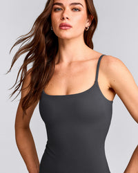 SoftMotion™ Strappy Tank Top with Built in Bra Shelf with Gray Logo | Coal
