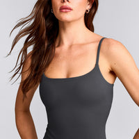 SoftMotion™ Strappy Tank Top with Built in Bra Shelf with Gray Logo | Coal