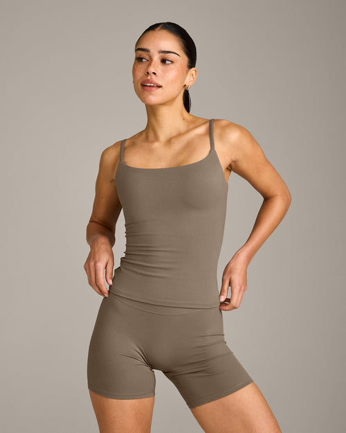 SoftMotion™ Strappy Tank Top with Built in Bra Shelf with Gray Logo | Moss Brown