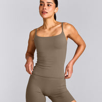 SoftMotion™ Strappy Tank Top with Built in Bra Shelf with Gray Logo | Moss Brown