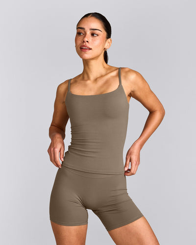SoftMotion™ Strappy Tank Top with Built in Bra Shelf with Gray Logo | Moss Brown