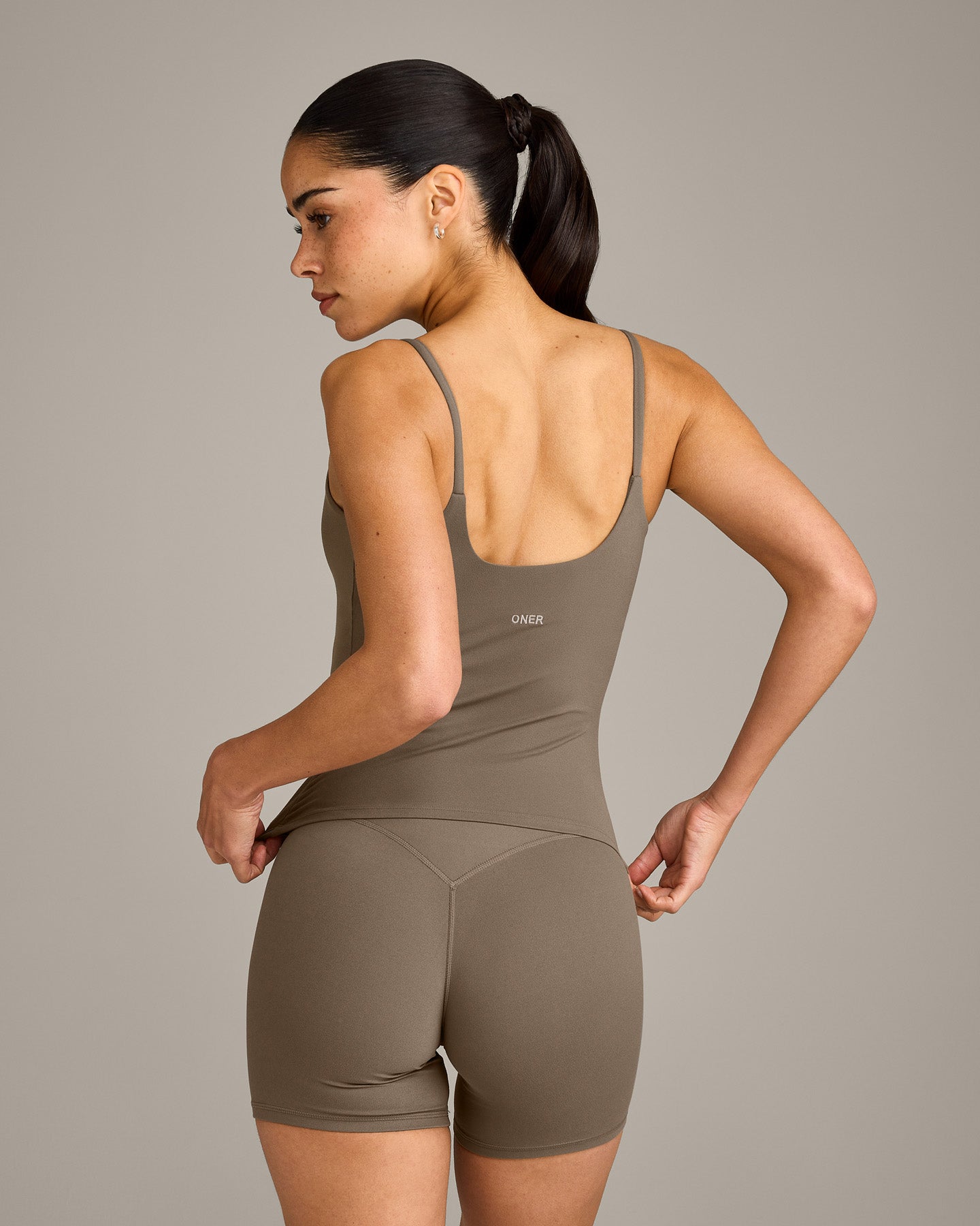SoftMotion™ Strappy Vest with Built in Bra Shelf with Gray Logo | Moss Brown