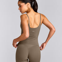 SoftMotion™ Strappy Tank Top with Built in Bra Shelf with Gray Logo | Moss Brown