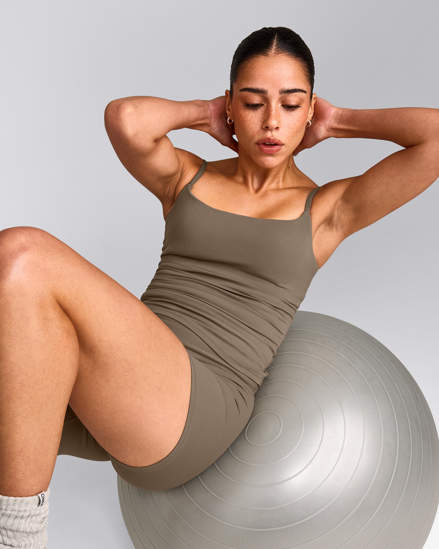 SoftMotion™ Strappy Tank Top with Built in Bra Shelf with Gray Logo | Moss Brown