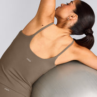 SoftMotion™ Strappy Tank Top with Built in Bra Shelf with Gray Logo | Moss Brown