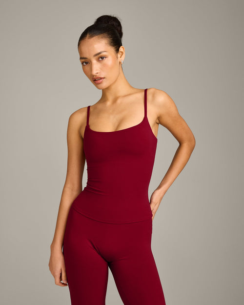 SoftMotion™ Strappy Tank Top with Built in Bra Shelf with Gray Logo | Ruby Red