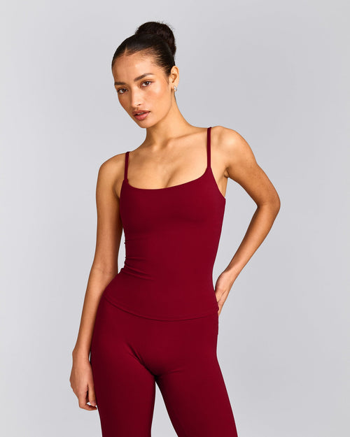 SoftMotion™ Strappy Tank Top with Built in Bra Shelf with Gray Logo | Ruby Red