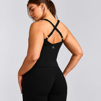 UnifiedMove™ V Neck Cross Back Tank Top with Reflective Logo | Black