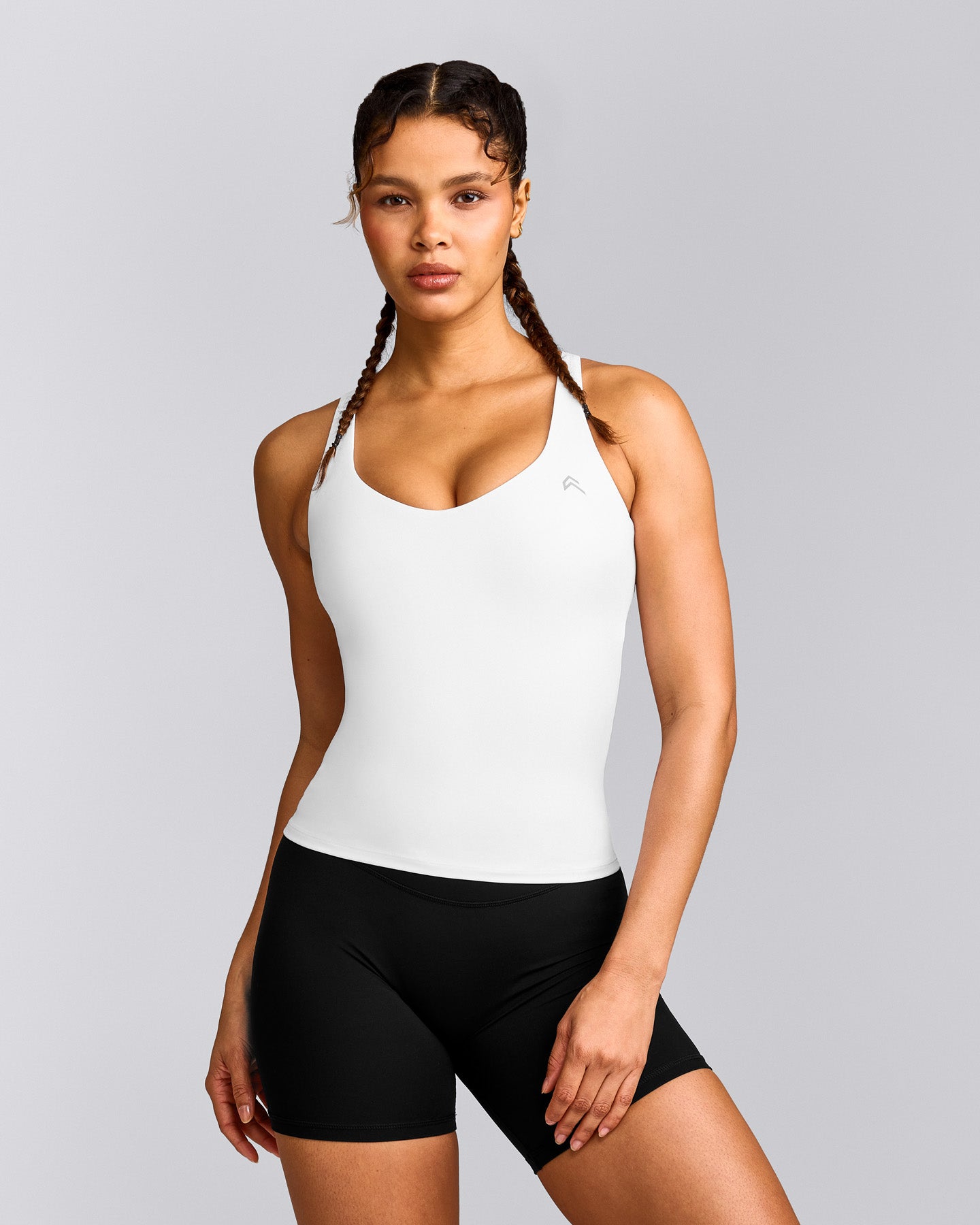 UnifiedMove™ V Neck Cross Back Tank Top with Reflective Logo | White