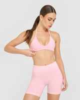 EnhanceLift™ Seamless Minimal Halter Neck Bralette with White Logo | Cherry Blossom Pink