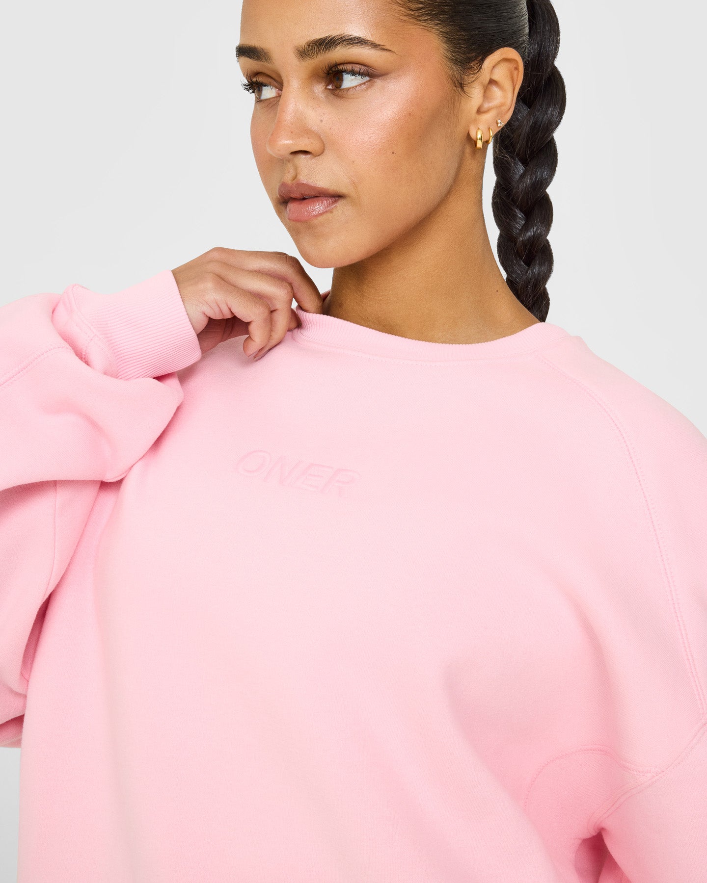 Foundations Oversized Crew Neck Sweatshirt with Oner Embroidery | Petal Pink