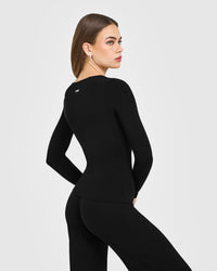 SoftMotion™ Scoop Neck Long Sleeve Top with Built in Bra Shelf with White Logo | Black