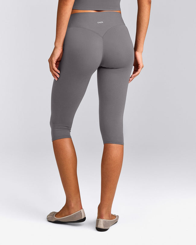 SoftMotion™ High Waisted Capri Leggings with Gray Logo | Ash Gray