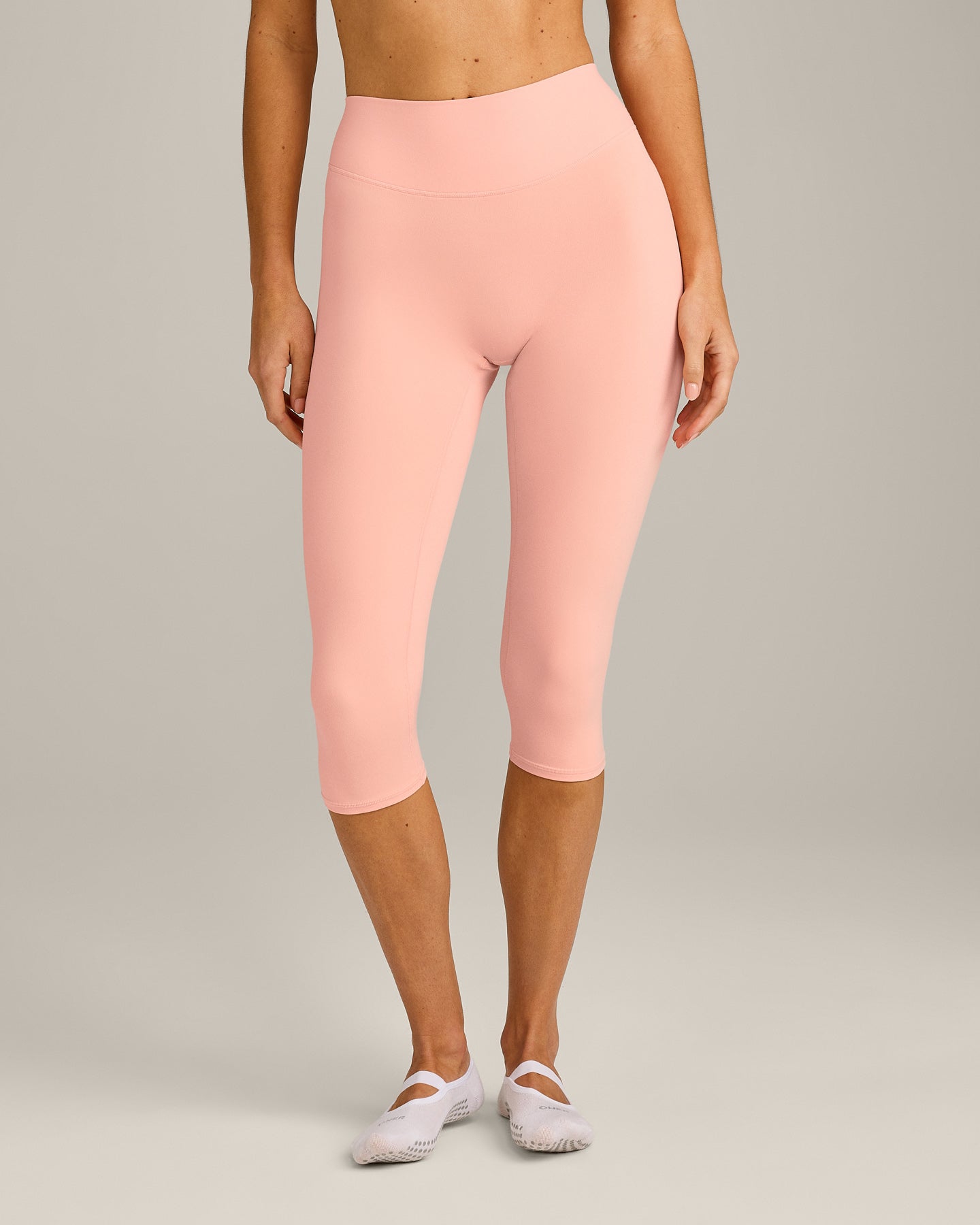 SoftMotion™ High Waisted Capri Leggings with Gray Logo | Peach Orange