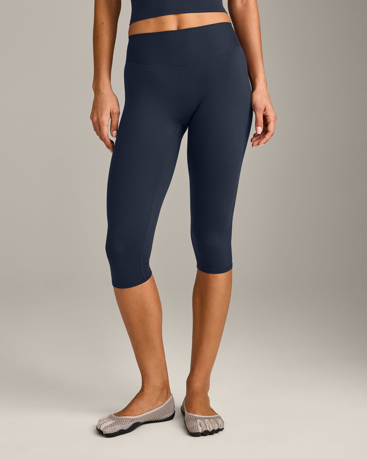 SoftMotion™ High Waisted Capri Leggings with Gray Logo | True Blue