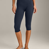 SoftMotion™ High Waisted Capri Leggings with Gray Logo | True Blue