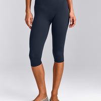 SoftMotion™ High Waisted Capri Leggings with Gray Logo | True Blue