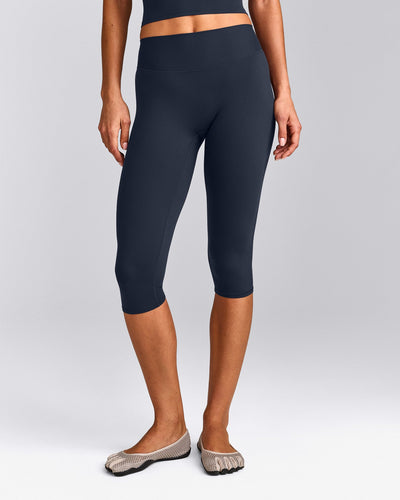 SoftMotion™ High Waisted Capri Leggings with Gray Logo | True Blue
