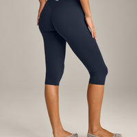 SoftMotion™ High Waisted Capri Leggings with Gray Logo | True Blue